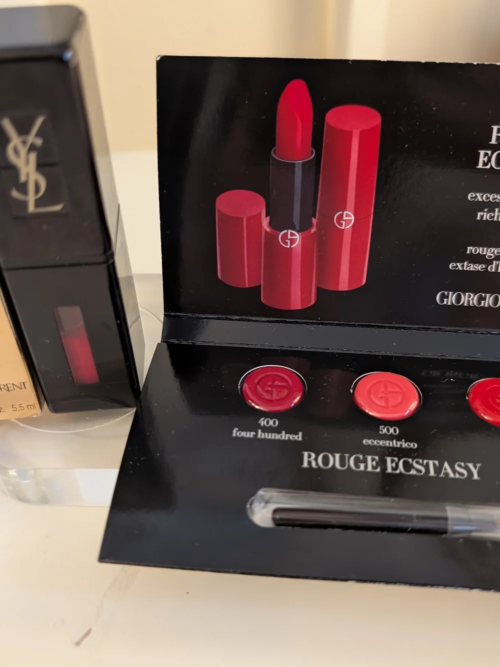 YSL Vinyl Cream Lip Stain #402 + Giorgio Armani Rouge Ecstasy Lip Sample Bundle